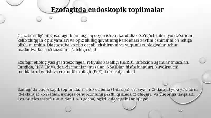 Ezofagit etiologiyasi, klinikasi, diagnostikasi, og'iz boshlig'idagi o'ziga xos o'zgarishlar 3
