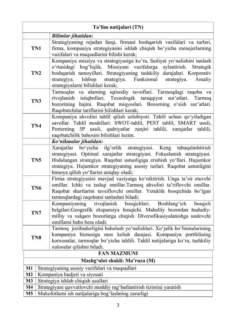 Strategik boshqaruv fanidan sillabus 3