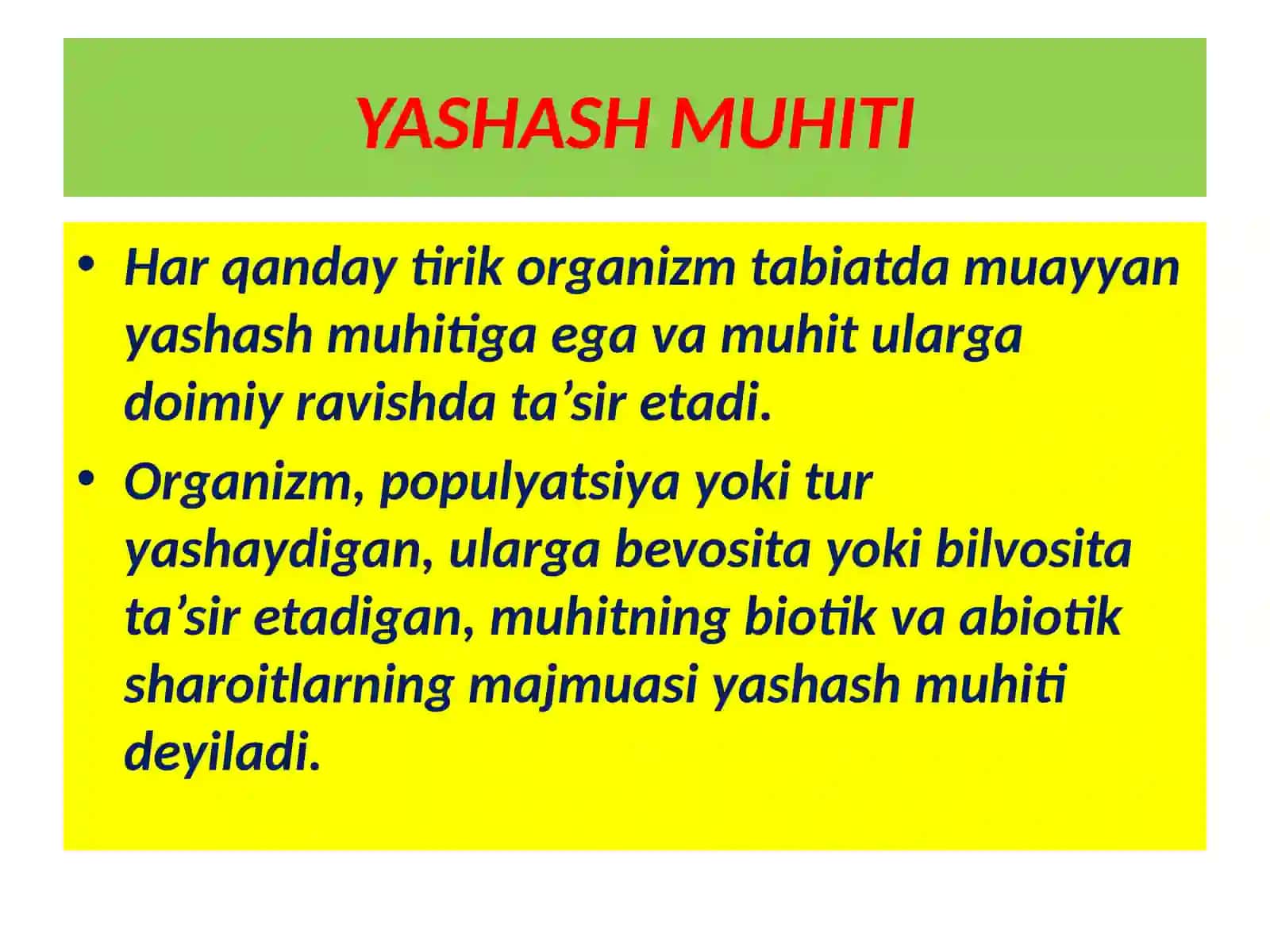 ORGANIZMLARNING YASHASH MUHITI. SUV MUHITI 3