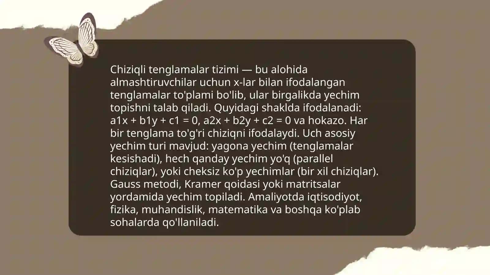 Chiziqli tenglamalar sistemasini yechishning Gouss usuli. Kramer usuli va teskari matritsalar yordamida yechish usuli 3