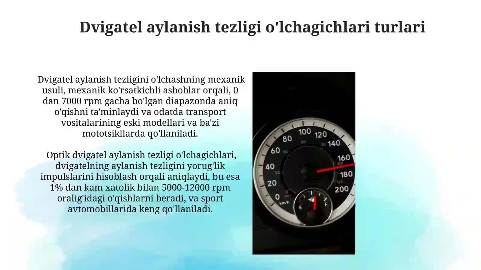 Avtomobil tezligini va divigatel aylanishlar sonini nazorat qilish asboblari 3
