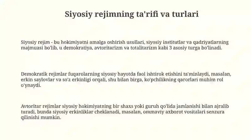 Siyosiy rejimning ta'rifi va turlari 3