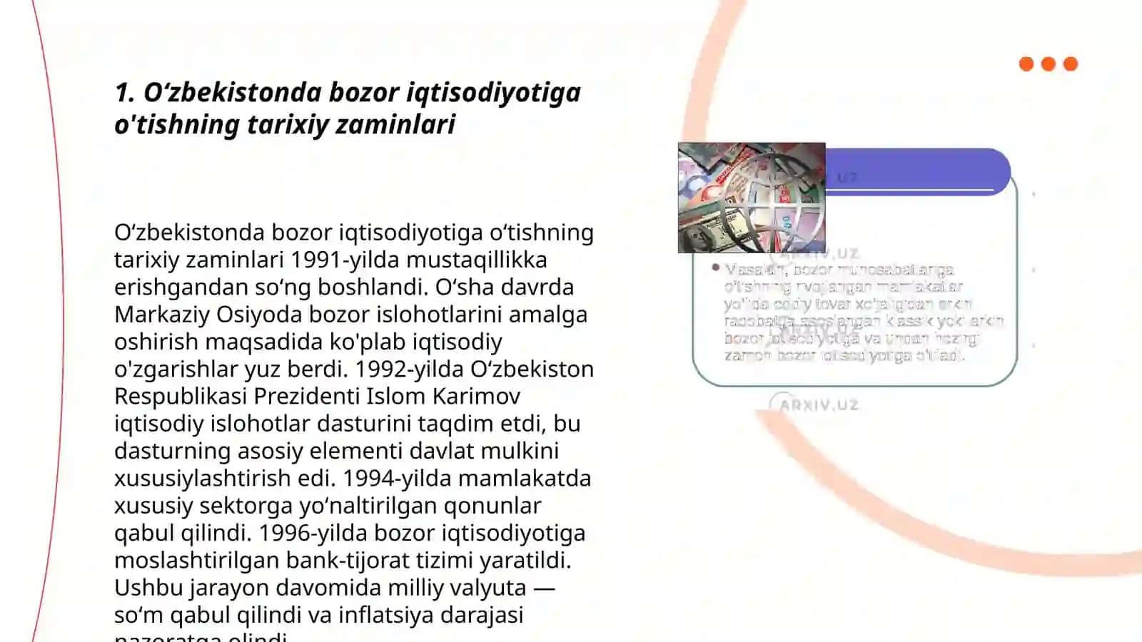 Oʻzbekistonda bozor iqtisodiyotiga oʻtishning zaruriyati va bozor iqtisodiyotining hozirgi holati 3