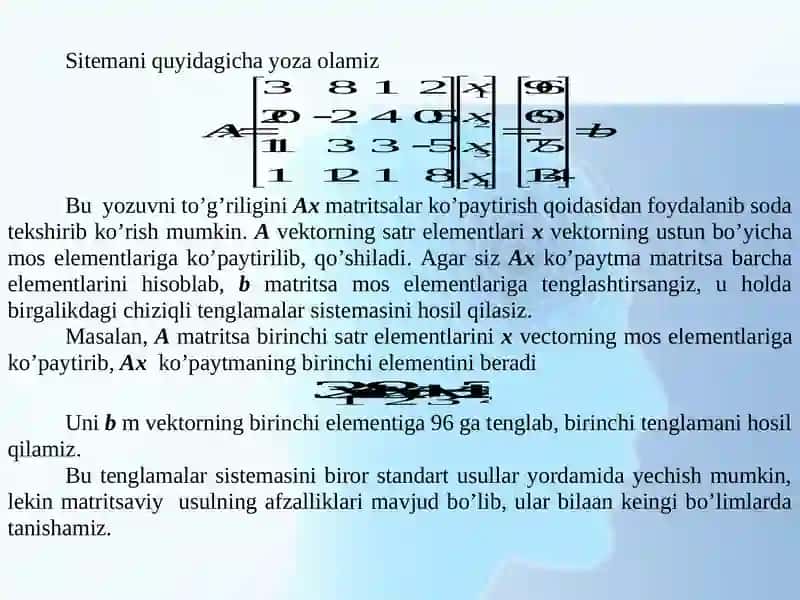 CHIZIQLI TENGLAMALAR SISTEMASINI YECHISHNING MATRITSALAR USULI. KRAMER QOIDASI 3