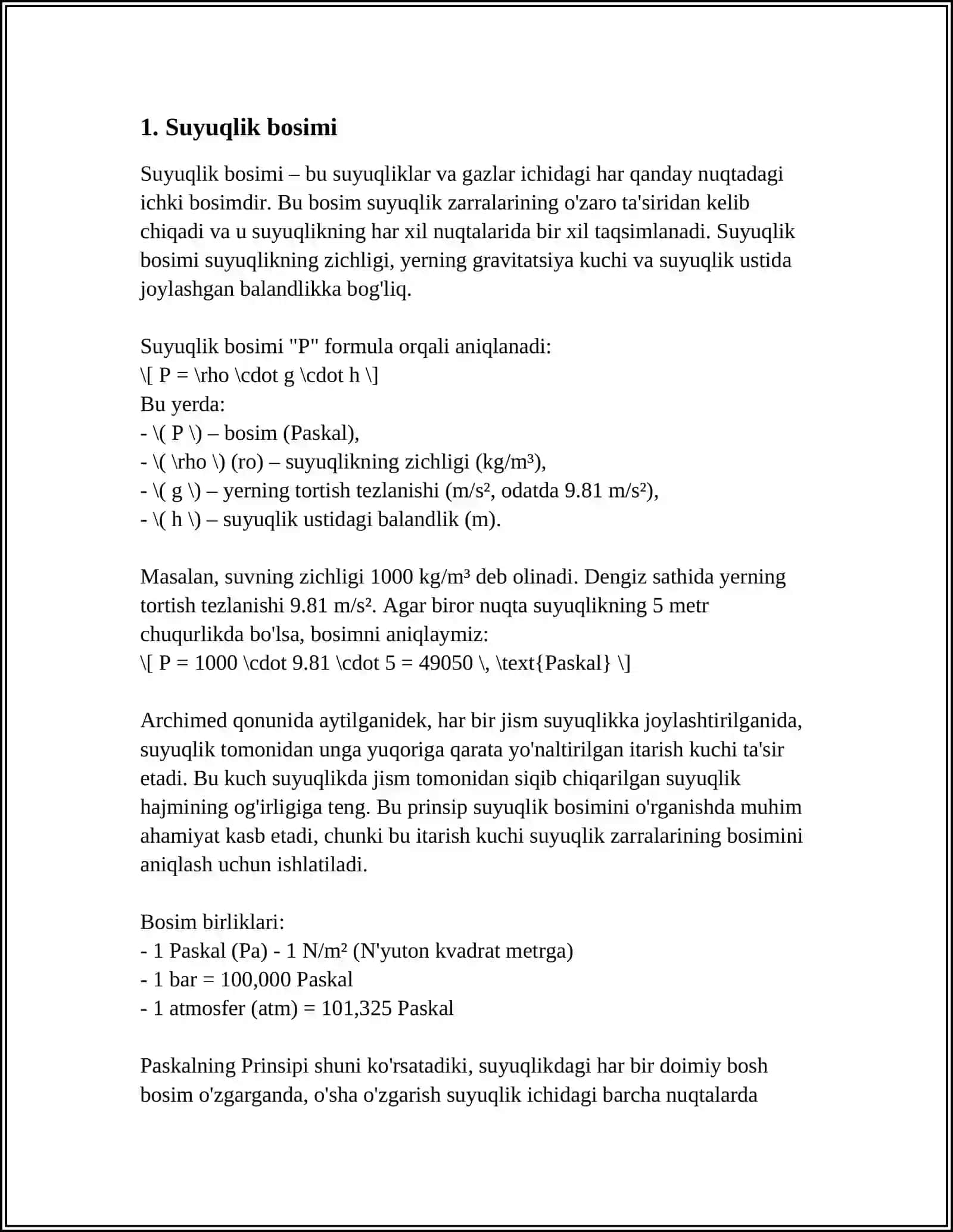 SUYUQLIK VA GAZLAR. BOSIM 3