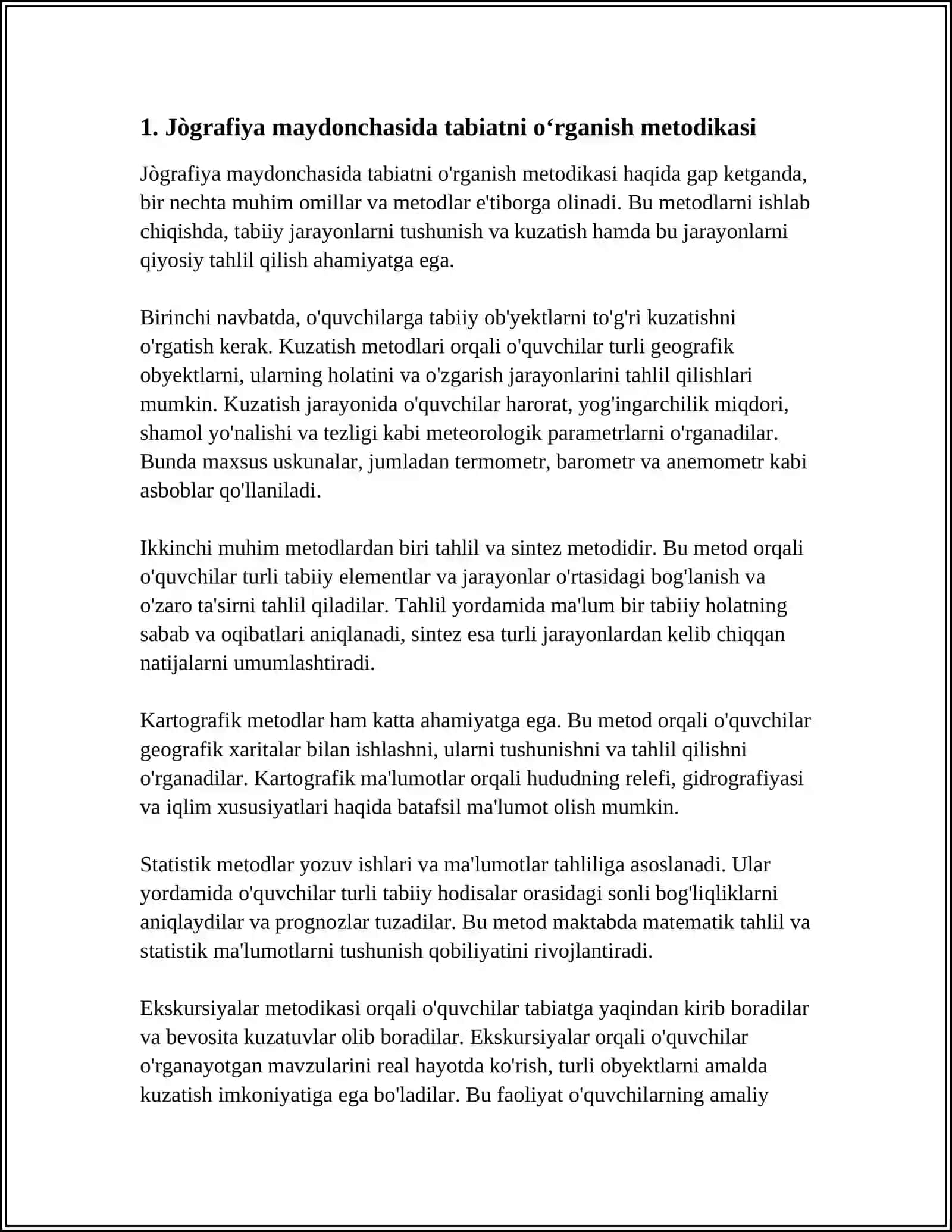 JÒĢROFIYA MAYDONCHASI, TIRIK TABIAT BURCHAGI, ÒQUV TAJRIBA UCHASTKASIDA DARSLARNI ÒTKAZISH METODIKASI 3