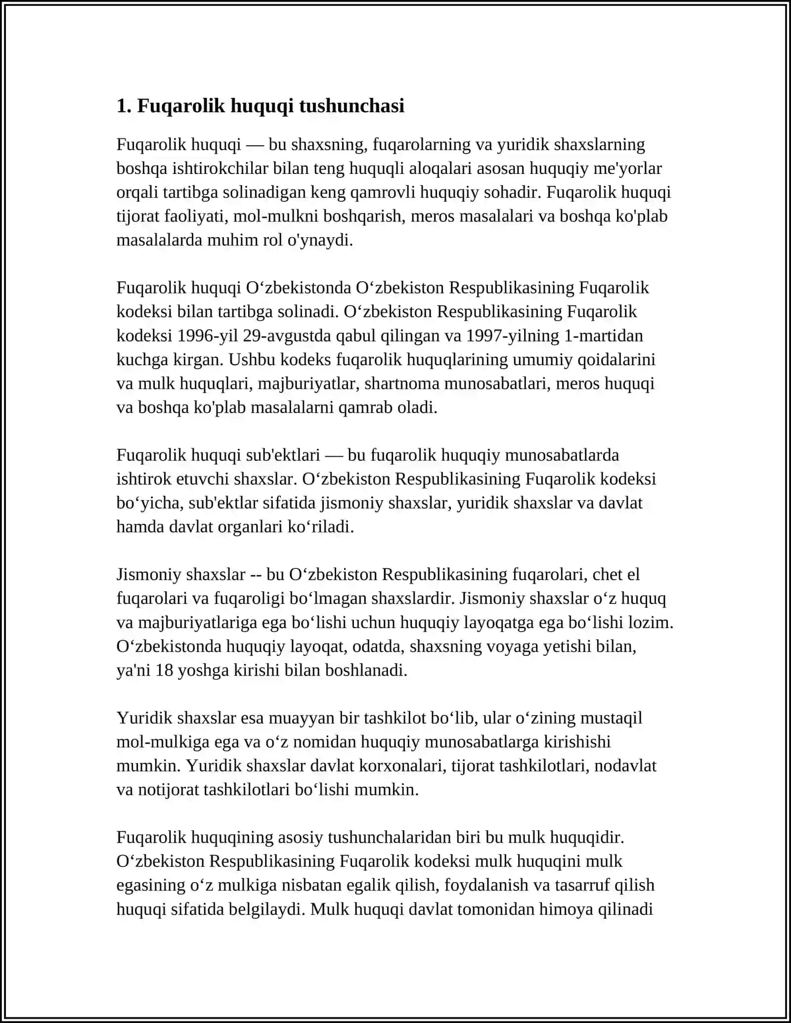 FUQAROLIK KODEKSI MAVZULAR BOʻYICHA 3