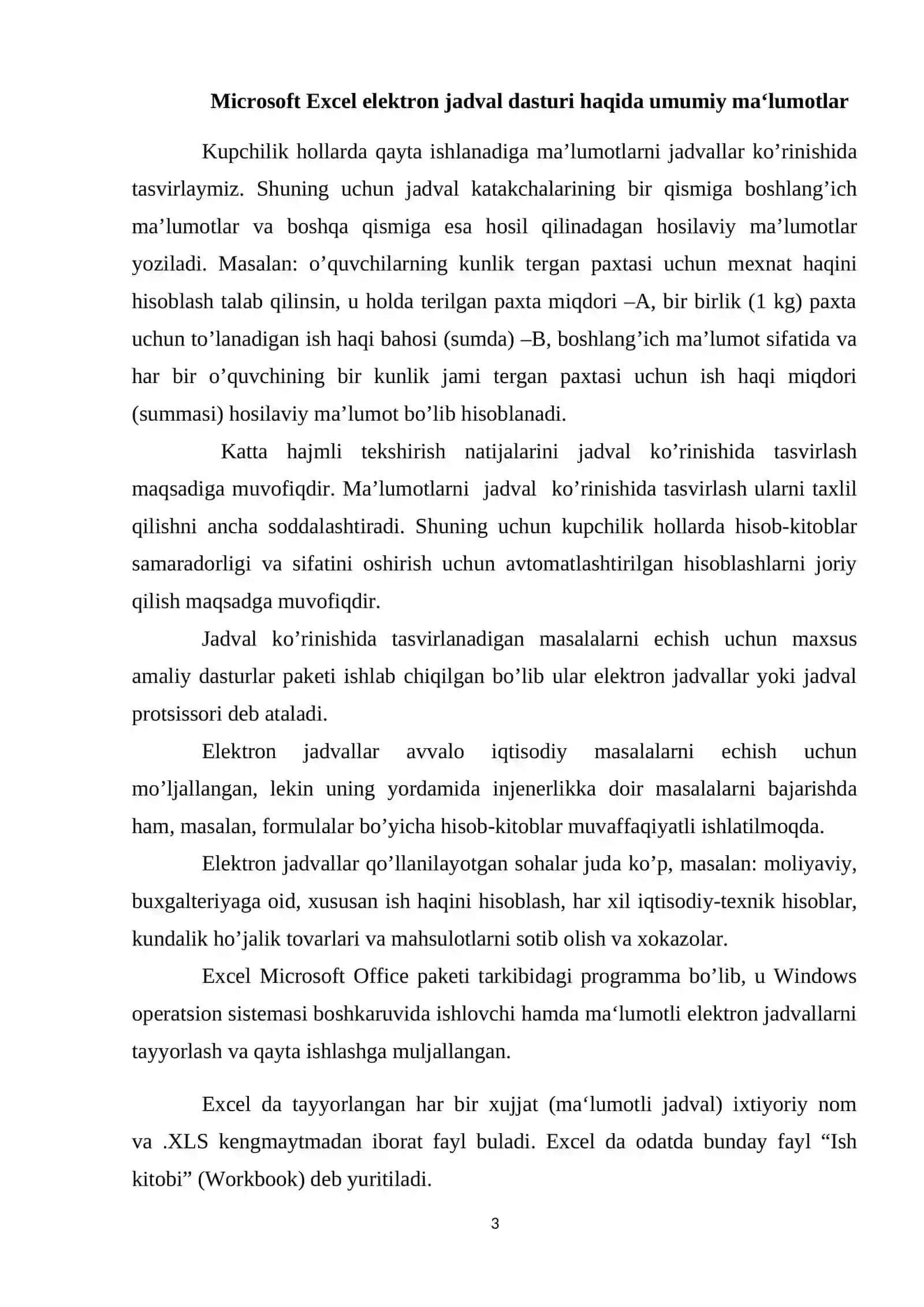 Microsoft Excel elektron jadvali va uning imkoniyatlari 3