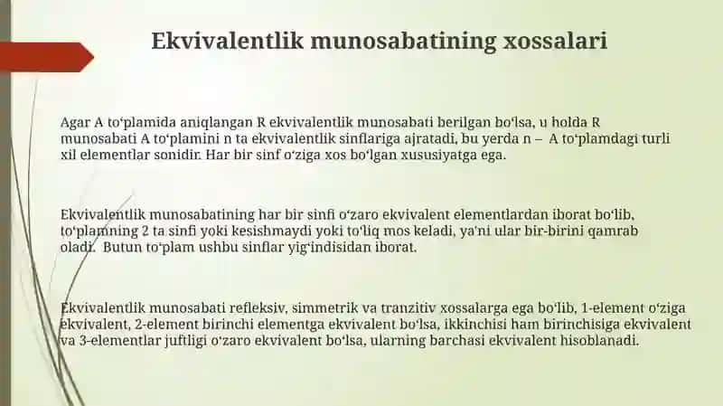 Ekvivalentlik munosabatining to'plamlarni sinflarga ajratish bilan aloqasi 3