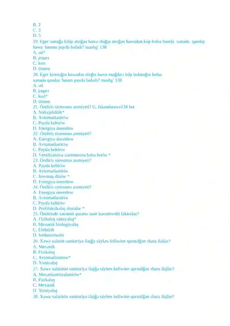 Ventilyatsiya bo'yicha test savollari 3