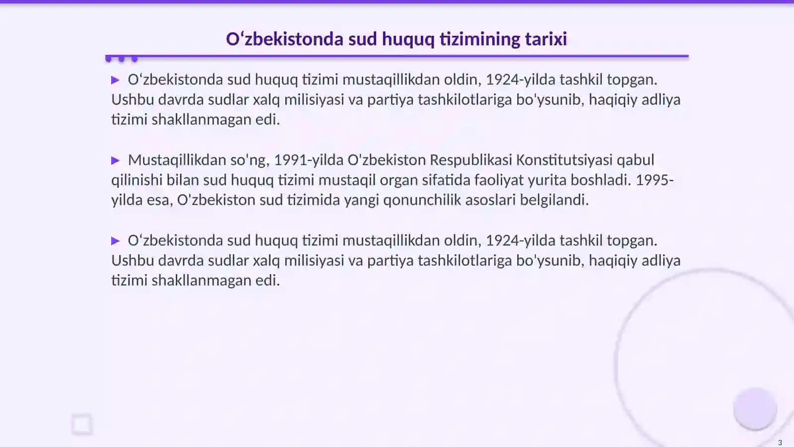 Sud huquq tizimi islohotlari Oʻzbekiston tarixi fanidan 3