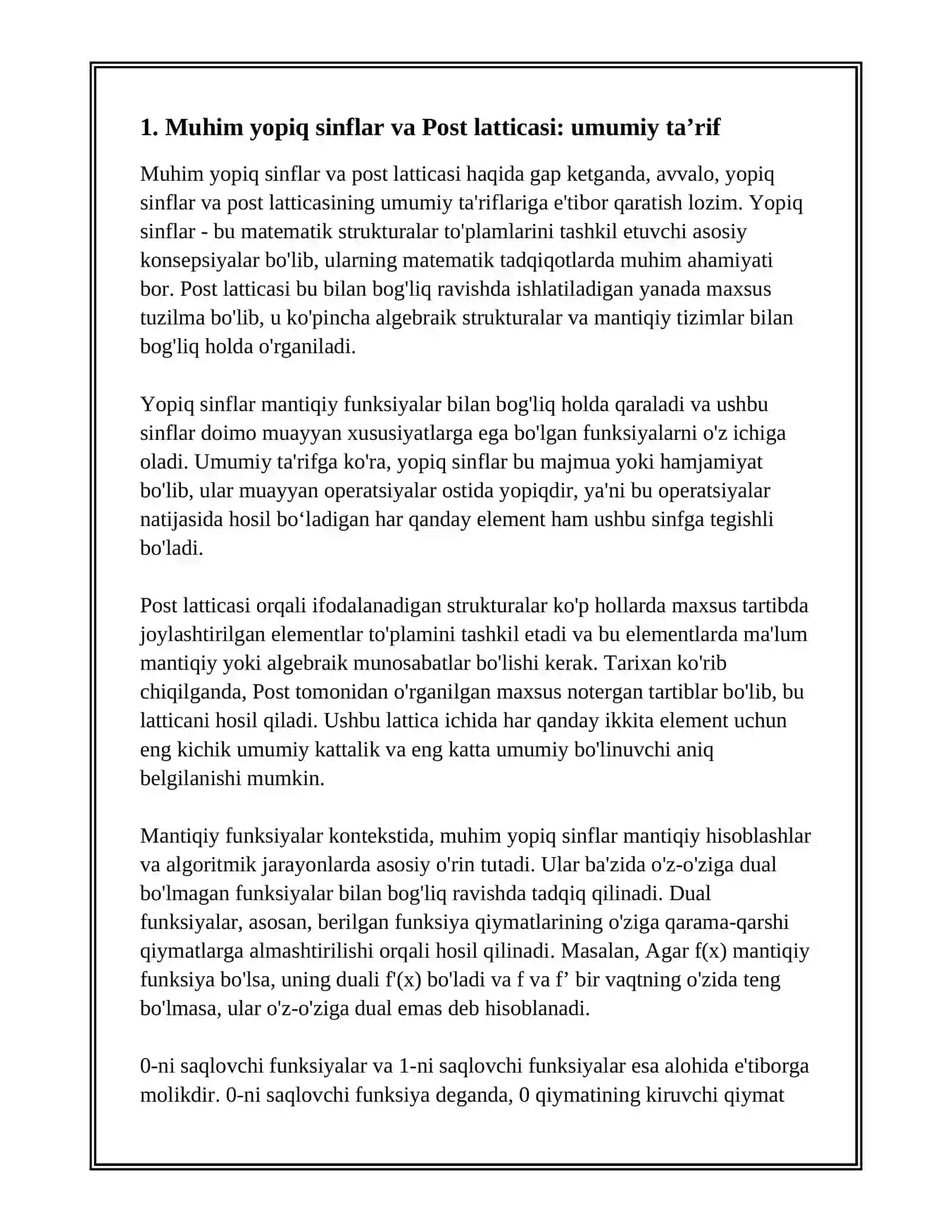 Muhim yopiq sinflar va Post latticasi 3