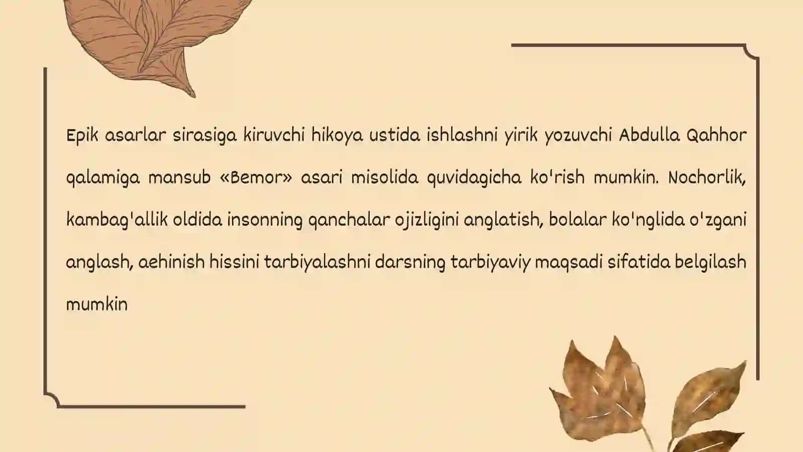 NASRIY ASARLAR BILAN ISHLASH. ABDULLA QAHHOR HIKOYALARI 3