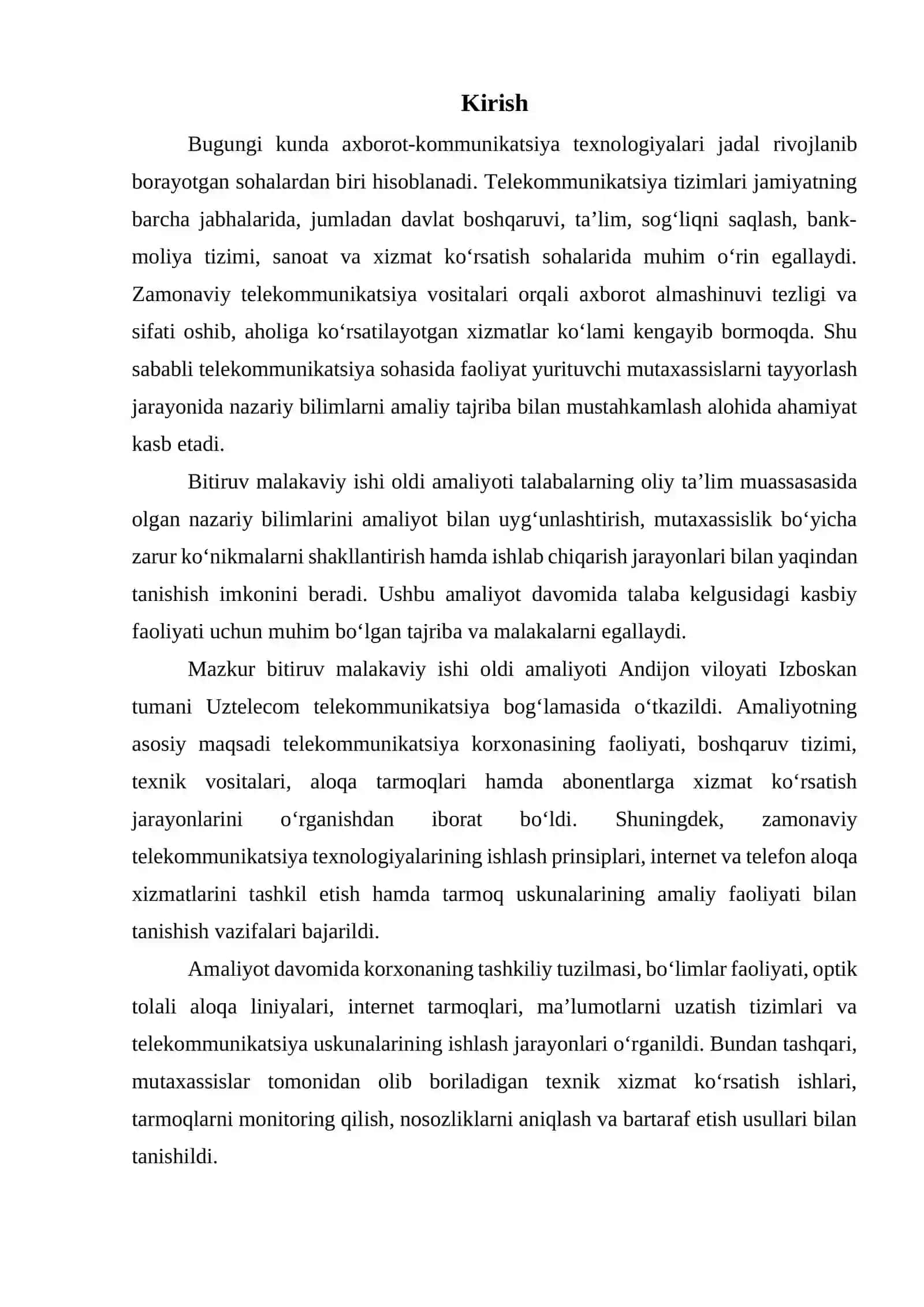 Bitiruv malakaviy ishi oldi amaliyoti bo’yicha hisoboti UZTELECOM 3