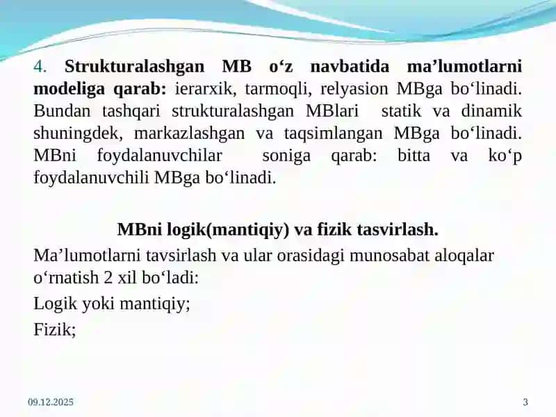 Ma’lumotlar bazasi boshqaruvi klassifikatsiyasi 3