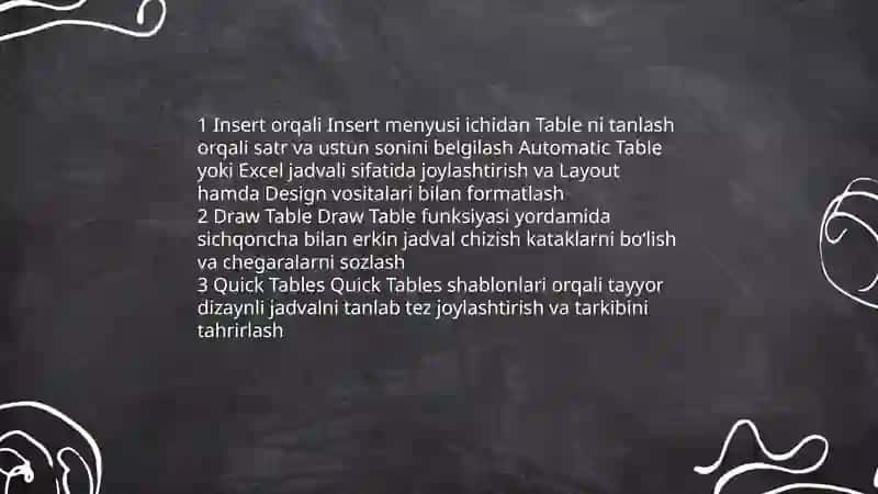 Wordda jadval yaratish va uni tahrirlash 3
