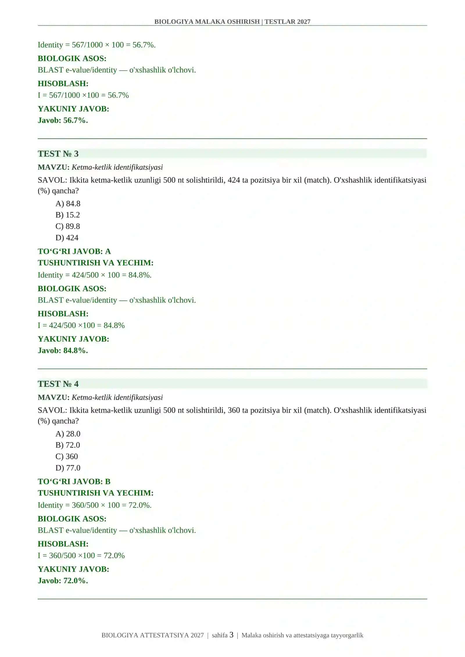 BIOLOGIYA MALAKA OSHIRISH | TESTLAR 2027 3