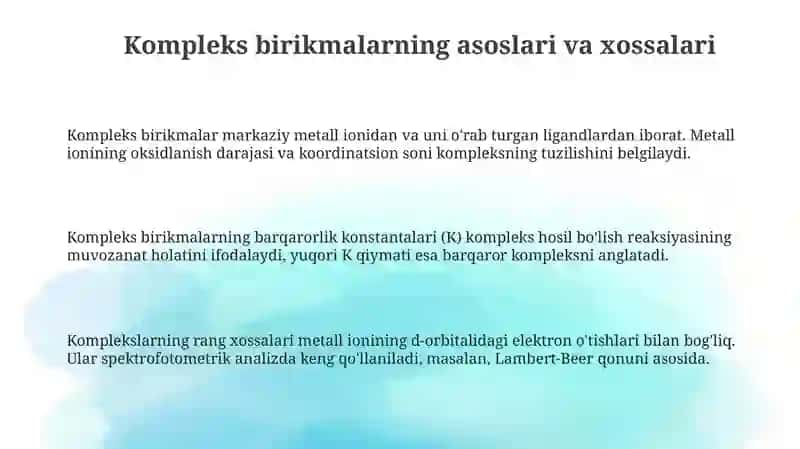 Kompleks birikmalarning kimyoviy analizi 3