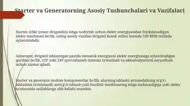 Avtomobil elektr mashinalari starter generator vaularning tahlili 3