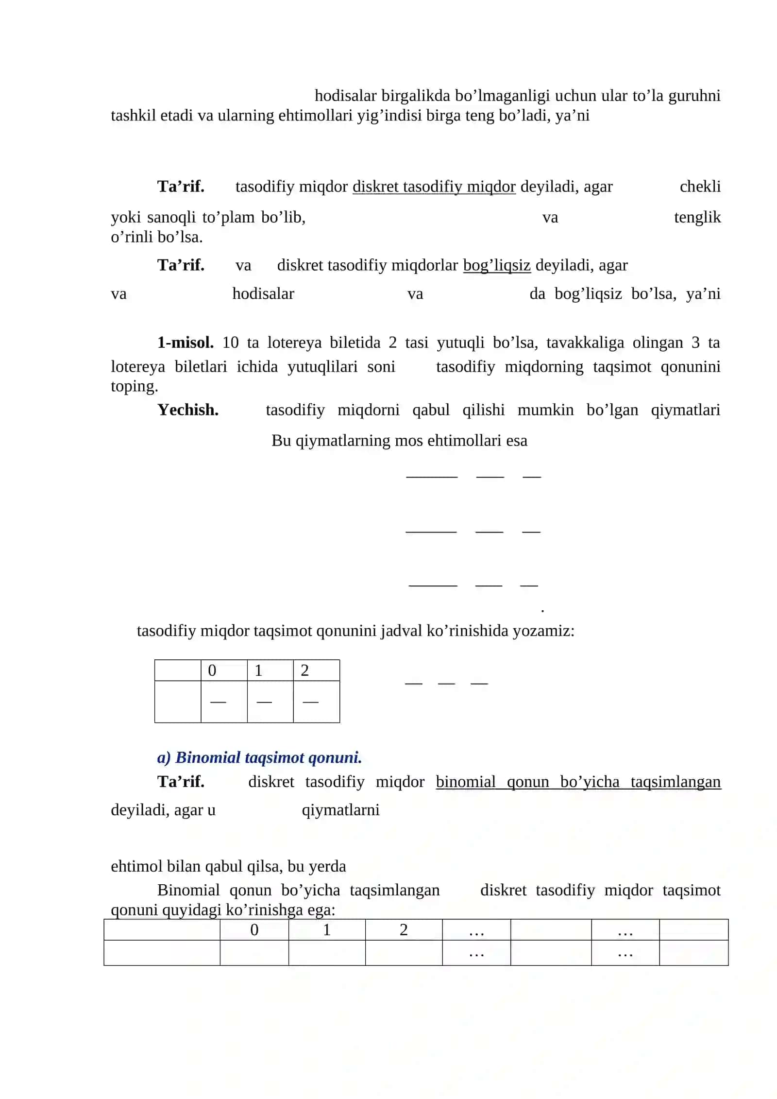 TASODIFIY MIQDORLAR VA ULARNING TAQSIMOT QONUNLAR 3