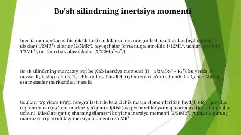 Turli shakldagi jismlarning inersiya momenti uni hisoblash usullari 3
