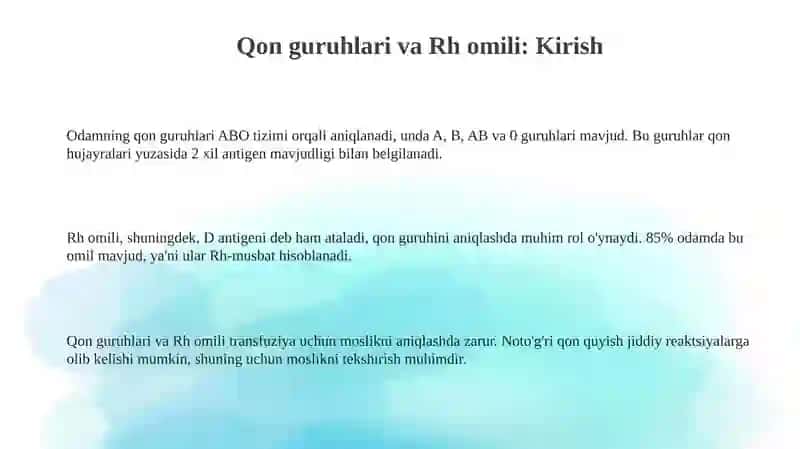 Gameostaz.Qon guruhlari.Rezus faktor.Qon quyish asoslari 3