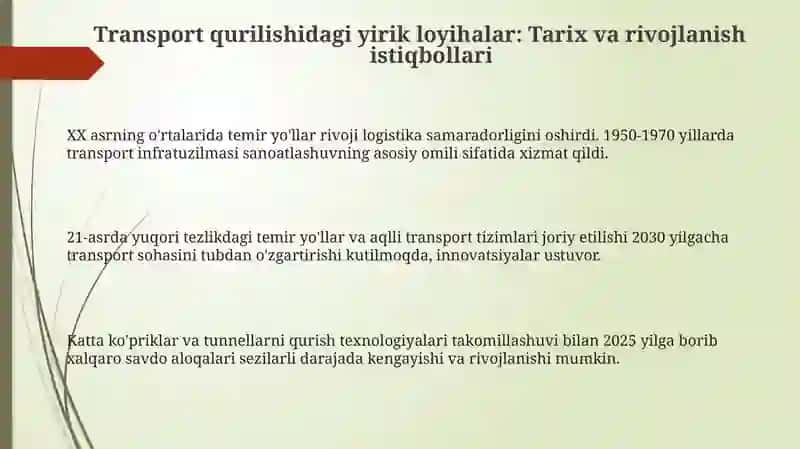 Transport qurilish sohasida yirik inshootlar 3
