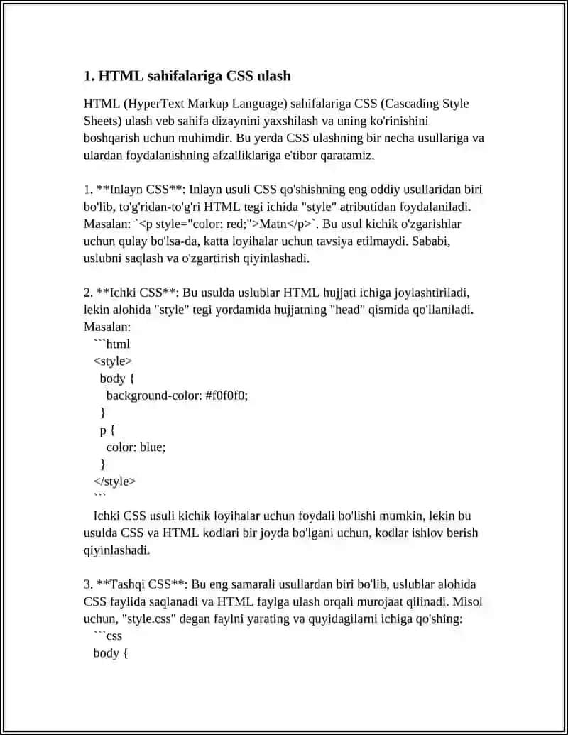 HTML SAHIFAGA CSS ORNATISH.SELEKTOR, KLASS VA IDENTIFIKATORLARNI YARATISH. CSS DA MATNGA STIL BERISH.CSS DA ROYXATGA STIL BERISH 3