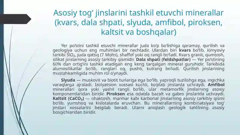 Togʻ jinslarini tashkil etuvchi minerallar va ularning fizik xususiyatlarini aniqlash 3