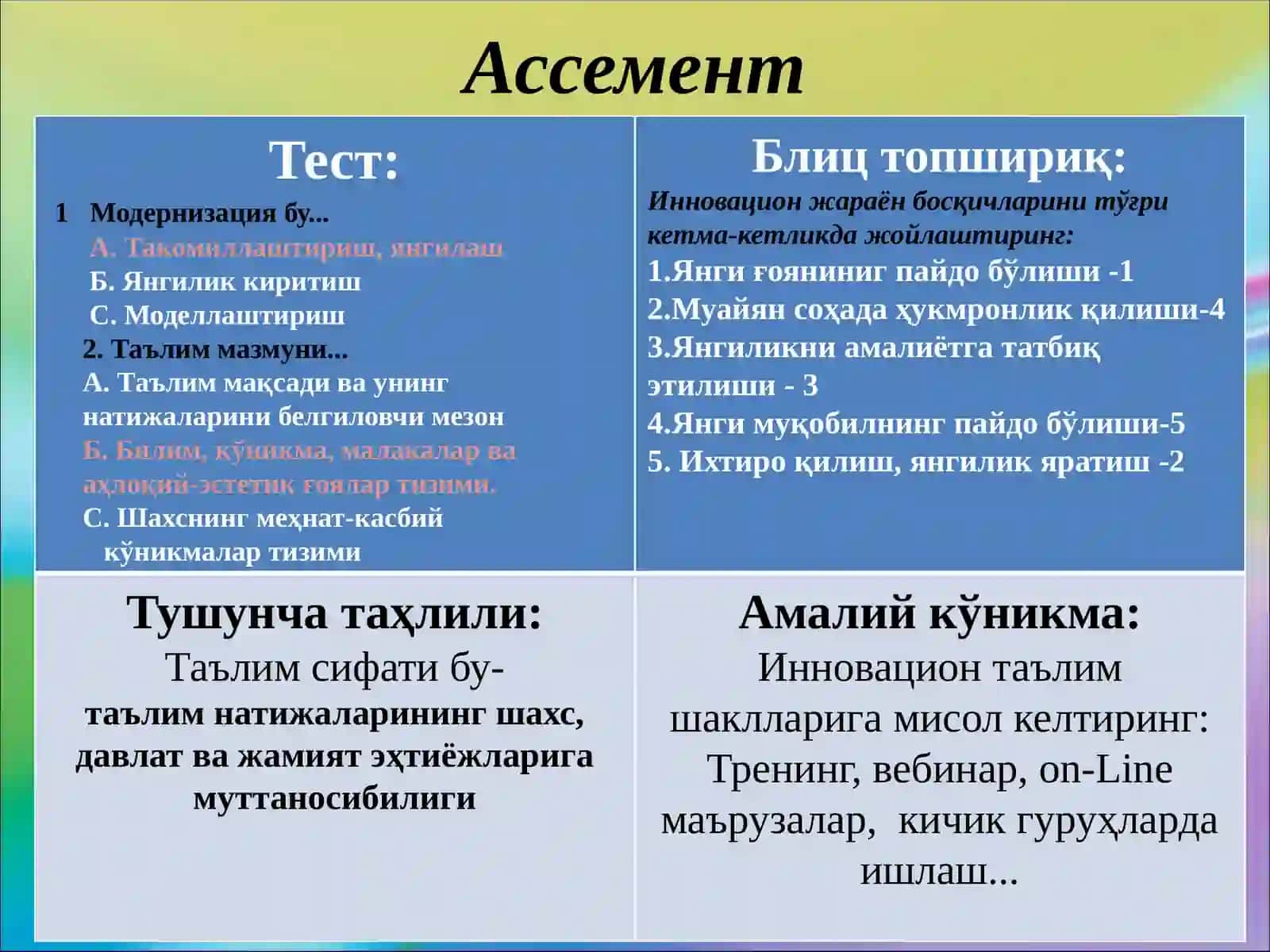 ТМда ўқув жараёни ва ўқув-услубий фаолиятни модернизациялаш ҳамда инновацион таълим технологияларини жорий этиш 3