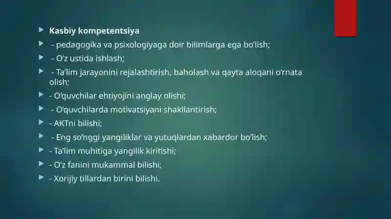 PEDAGOGLIKKASBINING SATHLARINI TASHKIL ETUVCHI KOMPETENSIYALAR 3