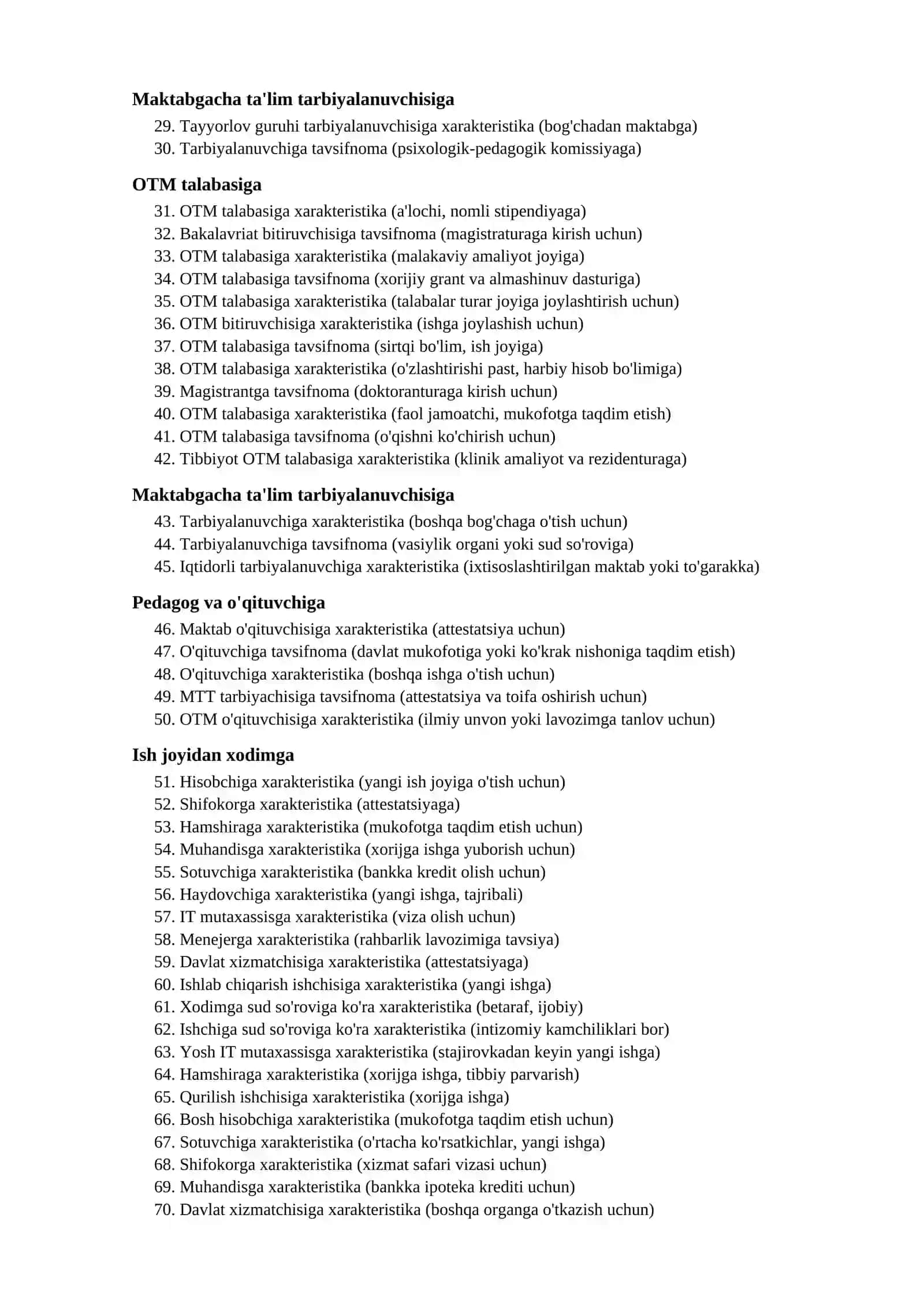 Xarakteristika namunalari 100 ta oquvchi talaba xodim uchun word tayyor andozalar. XARAKTERISTIKA (TAVSIFNOMA) NAMUNALARI 100 ta tayyor andoza — Word formatida, to'ldirib ishlatish uchun 3