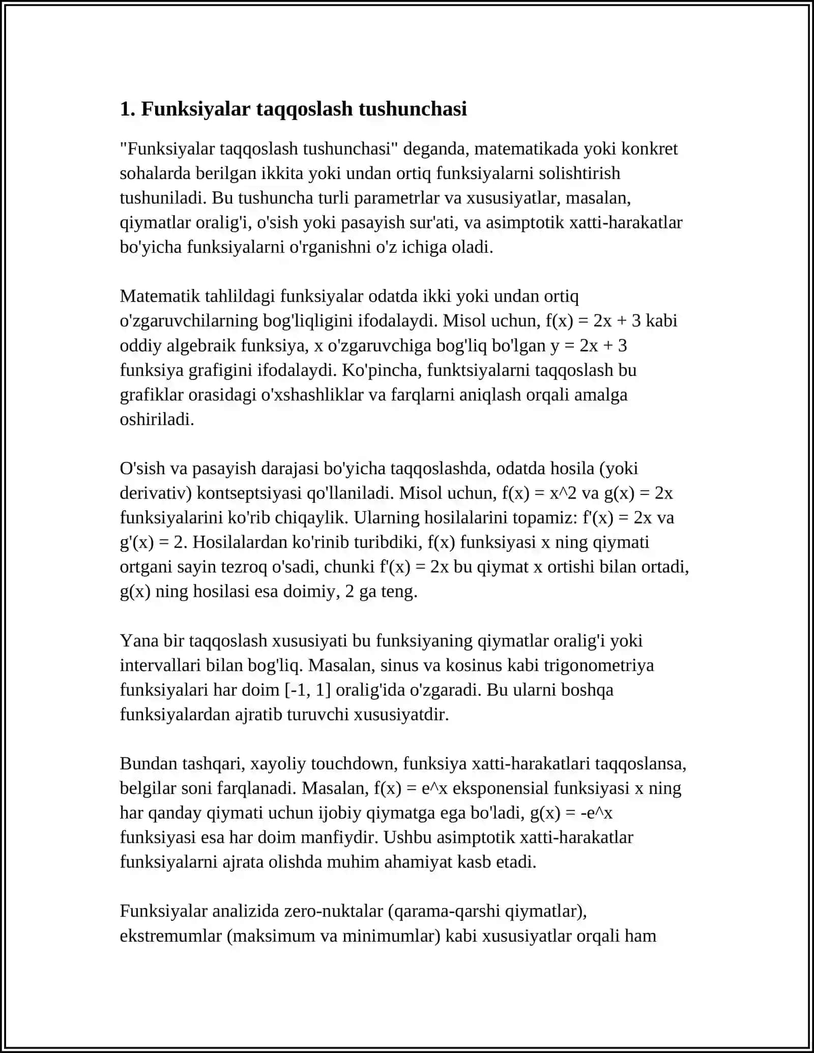MUSTAQIL ISH Mavzu: FUNKSIYALARNI TAQQOSLASH 3