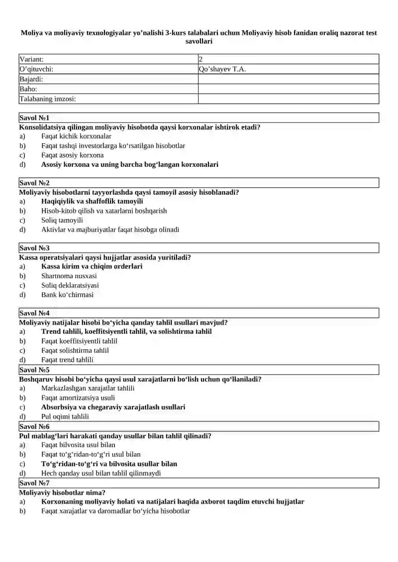 Moliyaviy hisob fanidan oraliq nazorat test savollari 3