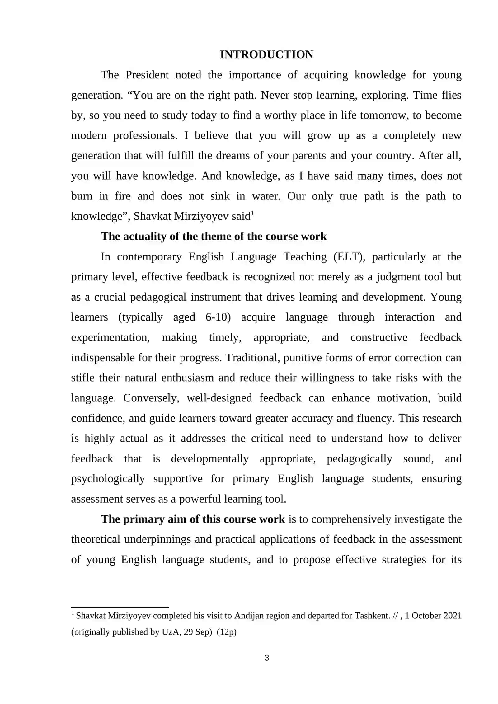 COURSE WORK THEME: THE ROLE OF FEEDBACK IN THE ASSESSMENT OF YOUNG ENGLISH LANGUAGE STUDENTS 3