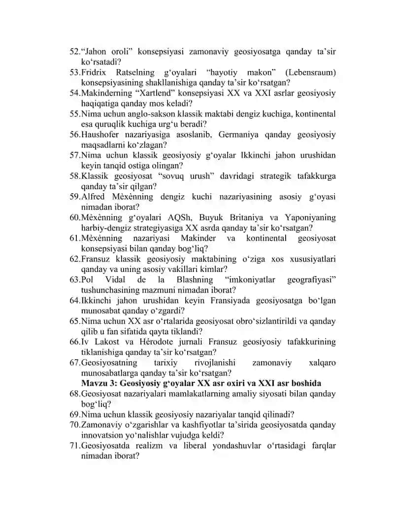 Geosiyosat fanidan savollar toʻplami. 3