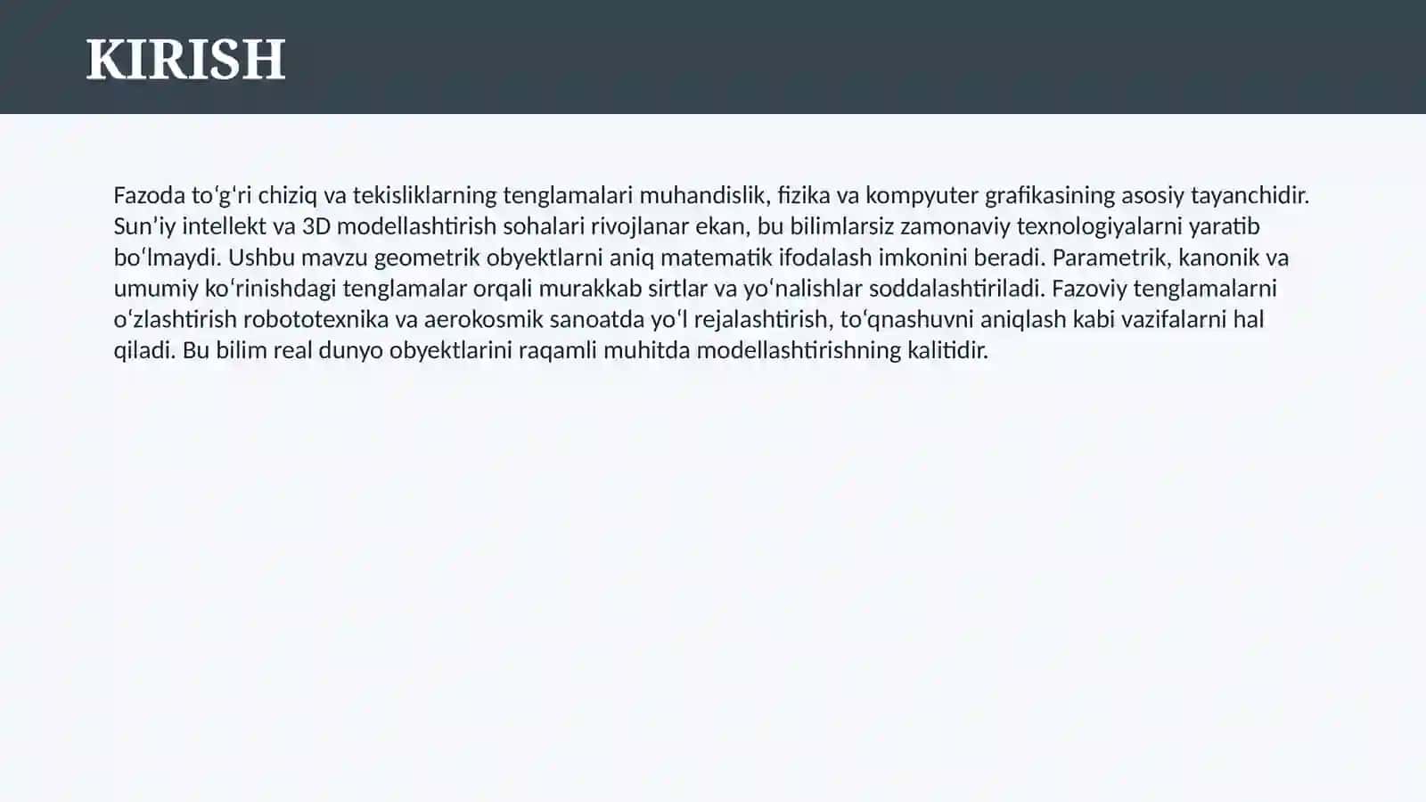FAZODA TO`G`RI CHIZIQ VA TEKISLIKLARNING TURLI TENGLAMALARI 3