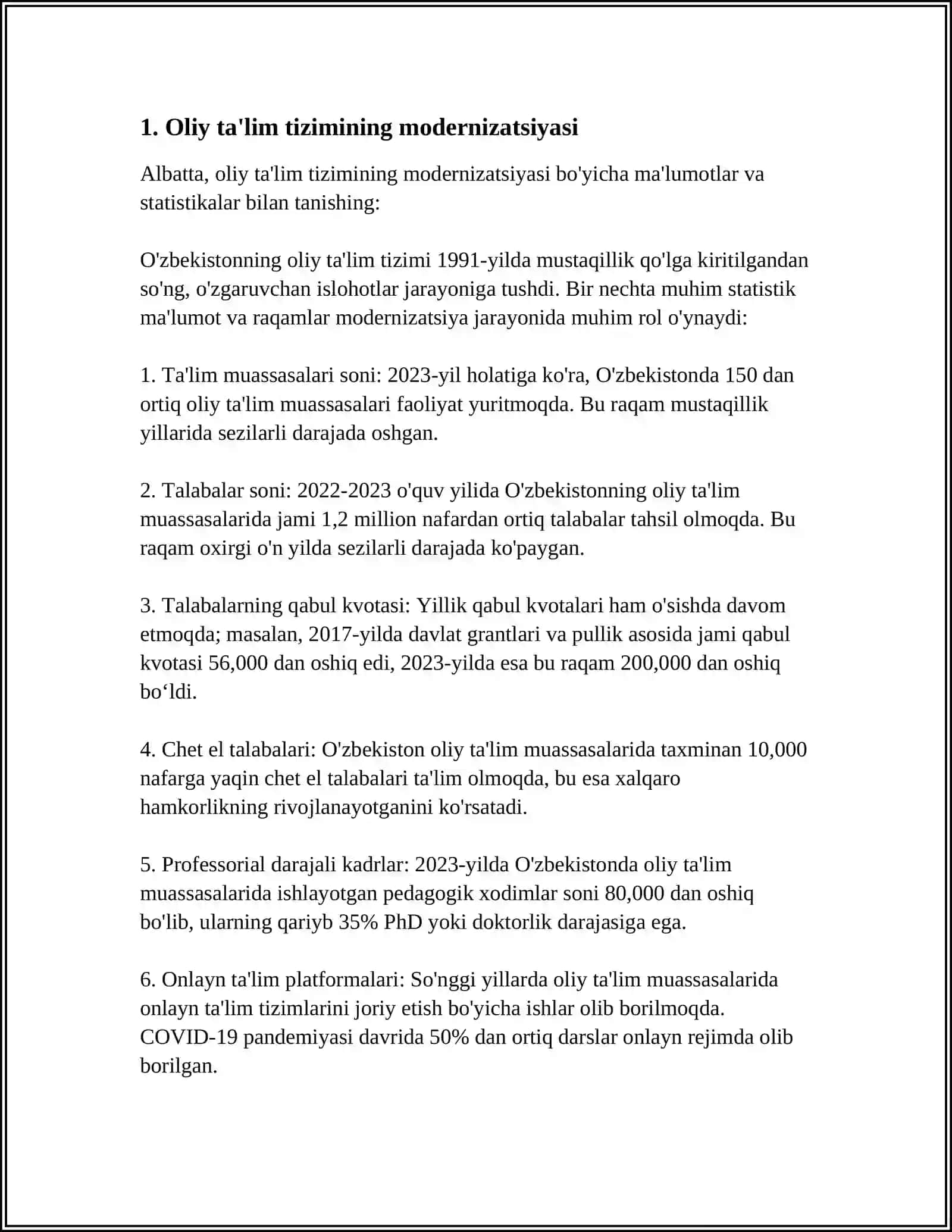 O'ZBEKISTONDA OLIY TA'LIM SOHASIDA OLIB BORILGAN ISLOHOTLAR VA UNING ISTIQBOLLARI 3