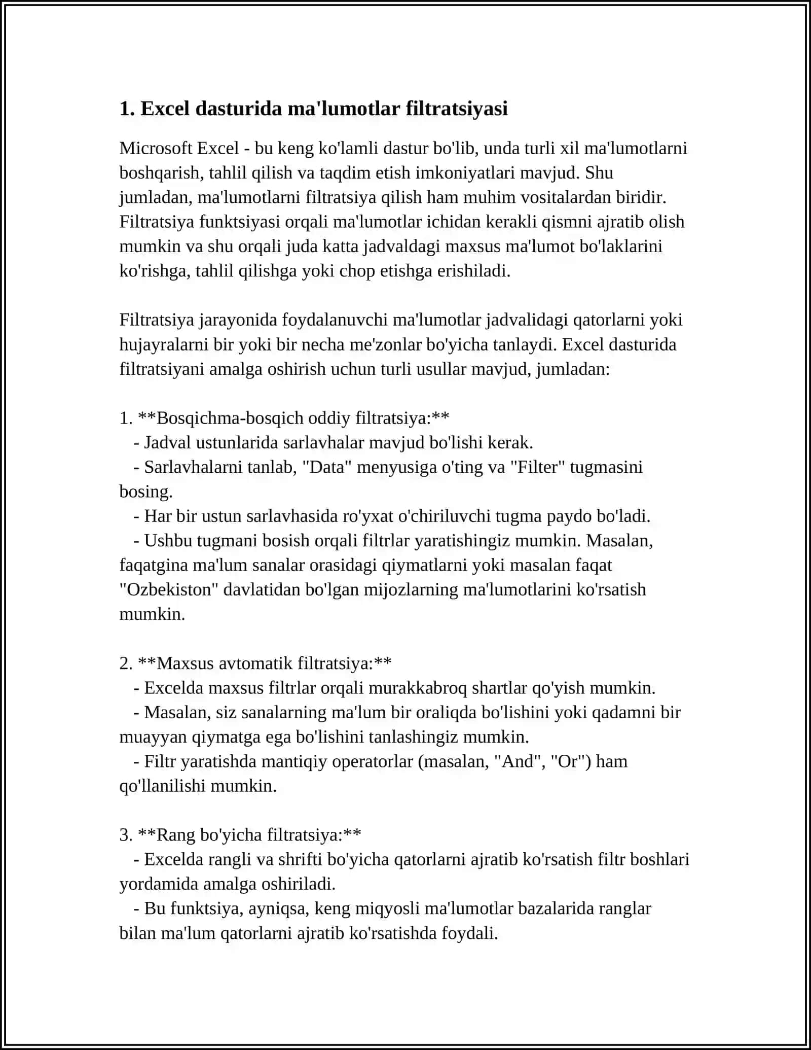 EXCEL DASTURIDA TURLI HISOBOTLAR TAYYORLASH 3