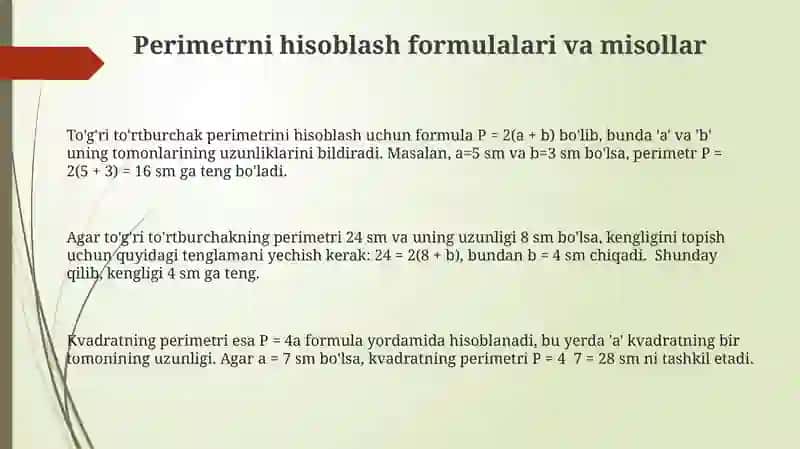 Perimetrni hisoblash formulalari va misollar 3