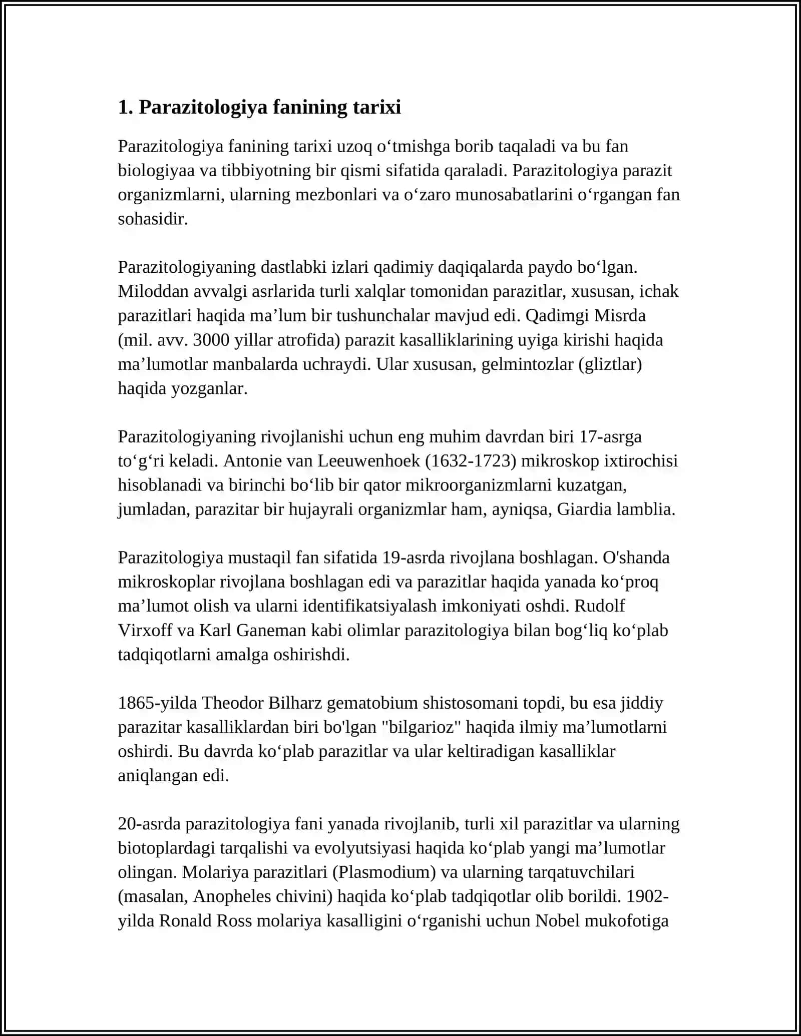MUSTAQIL ISH Mavzu: PARAZITOLOGIYA AHAMIYATI 3