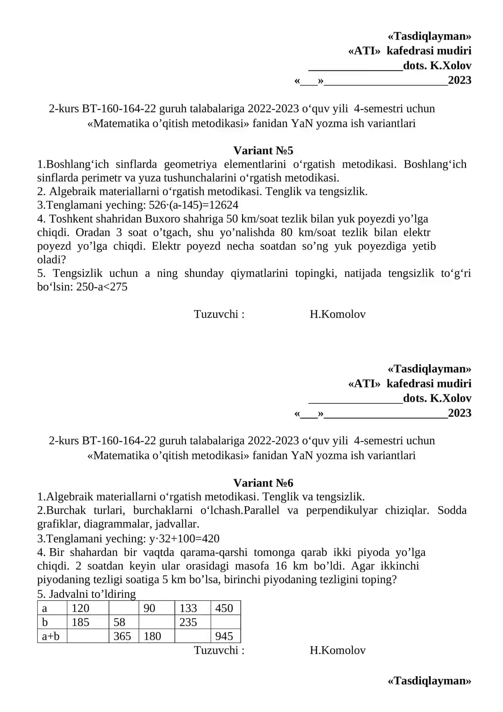 Matematika o’qitish metodikasi YaN yozma ish variantlari 3