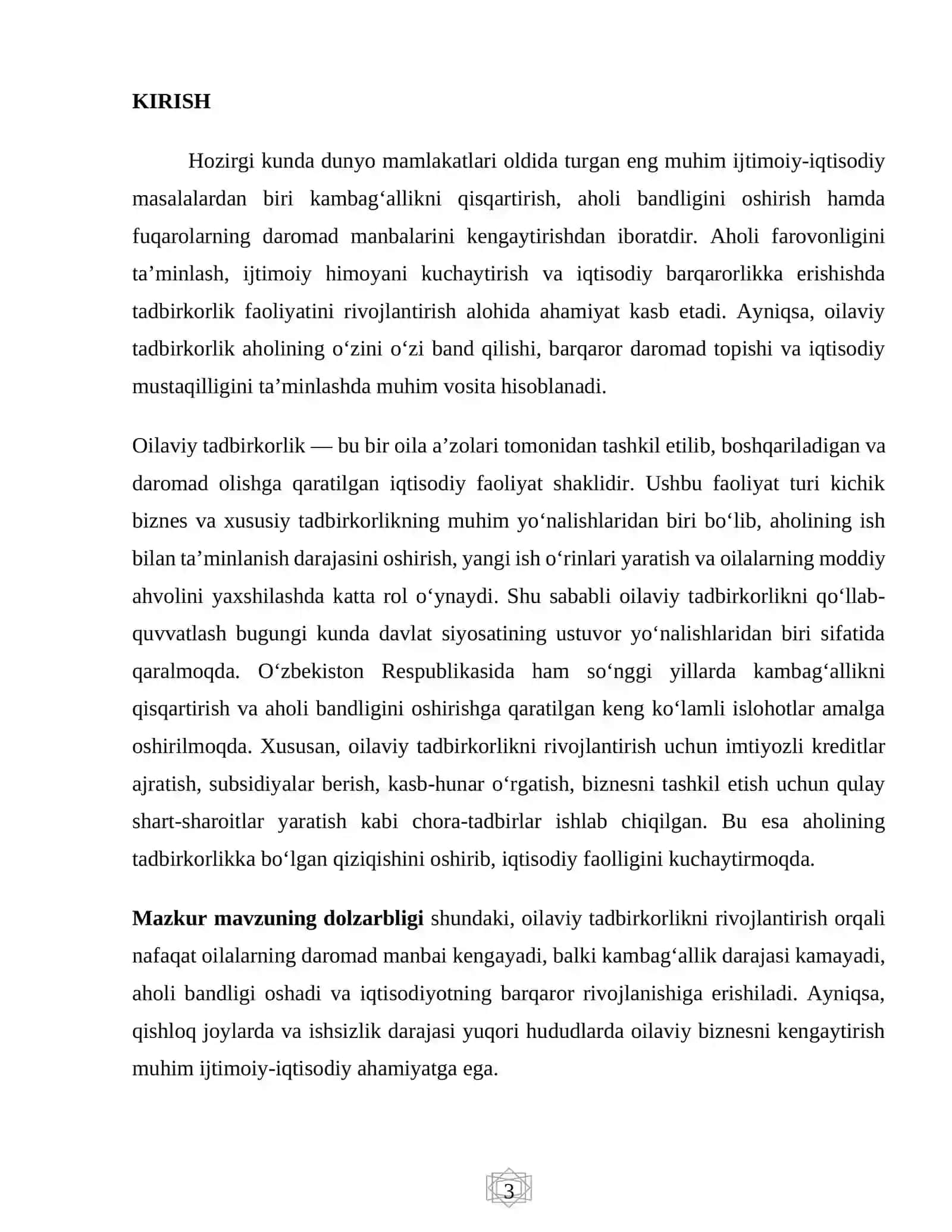 Oilaviy tadbirkorlikni rivojlantirish orqali kambag‘allikni qisqartirish va aholi bandligini ta’minlash 3