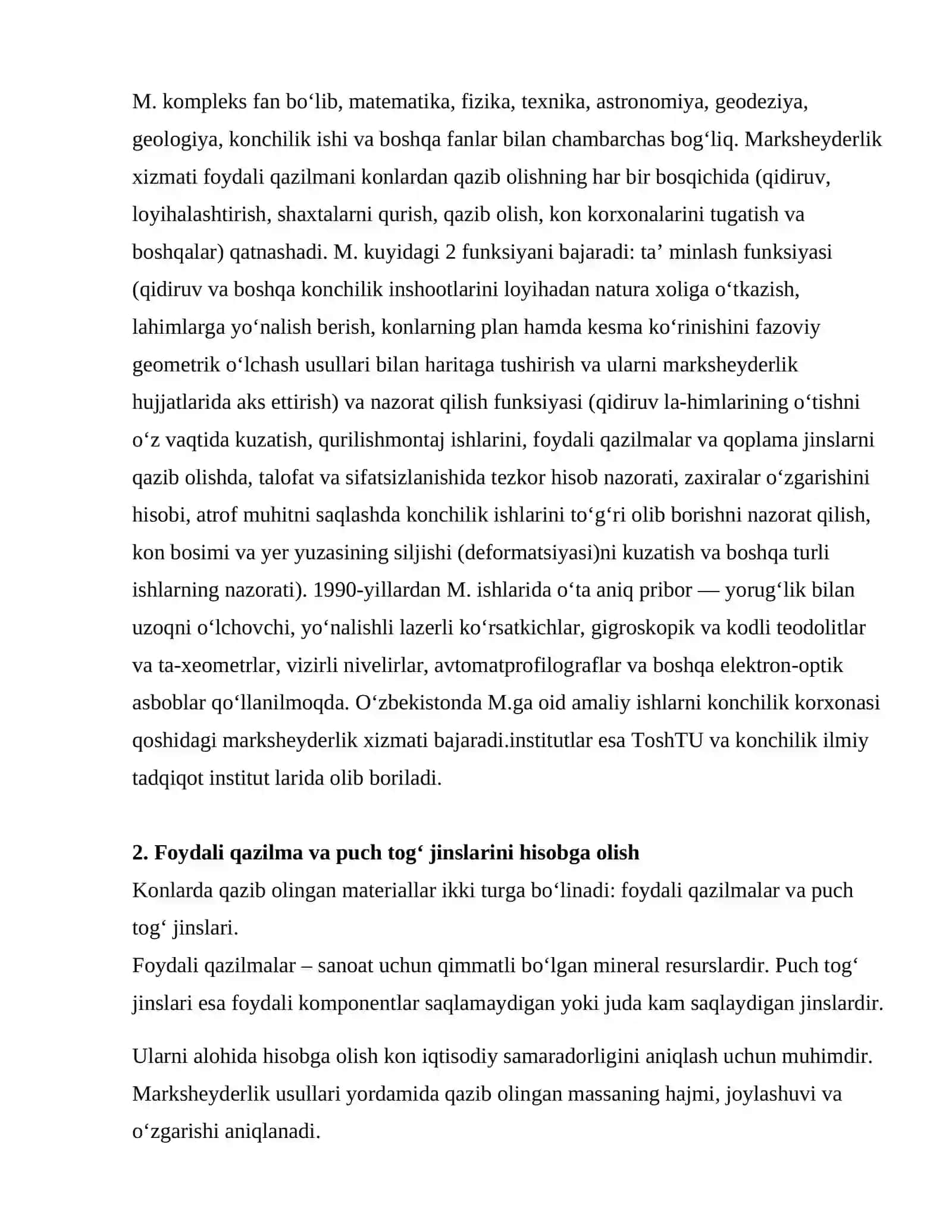 Foydali qazilma va puch tog' jinslarini tezkorlikda hisobga olishda marksheyderlik ishlari 3