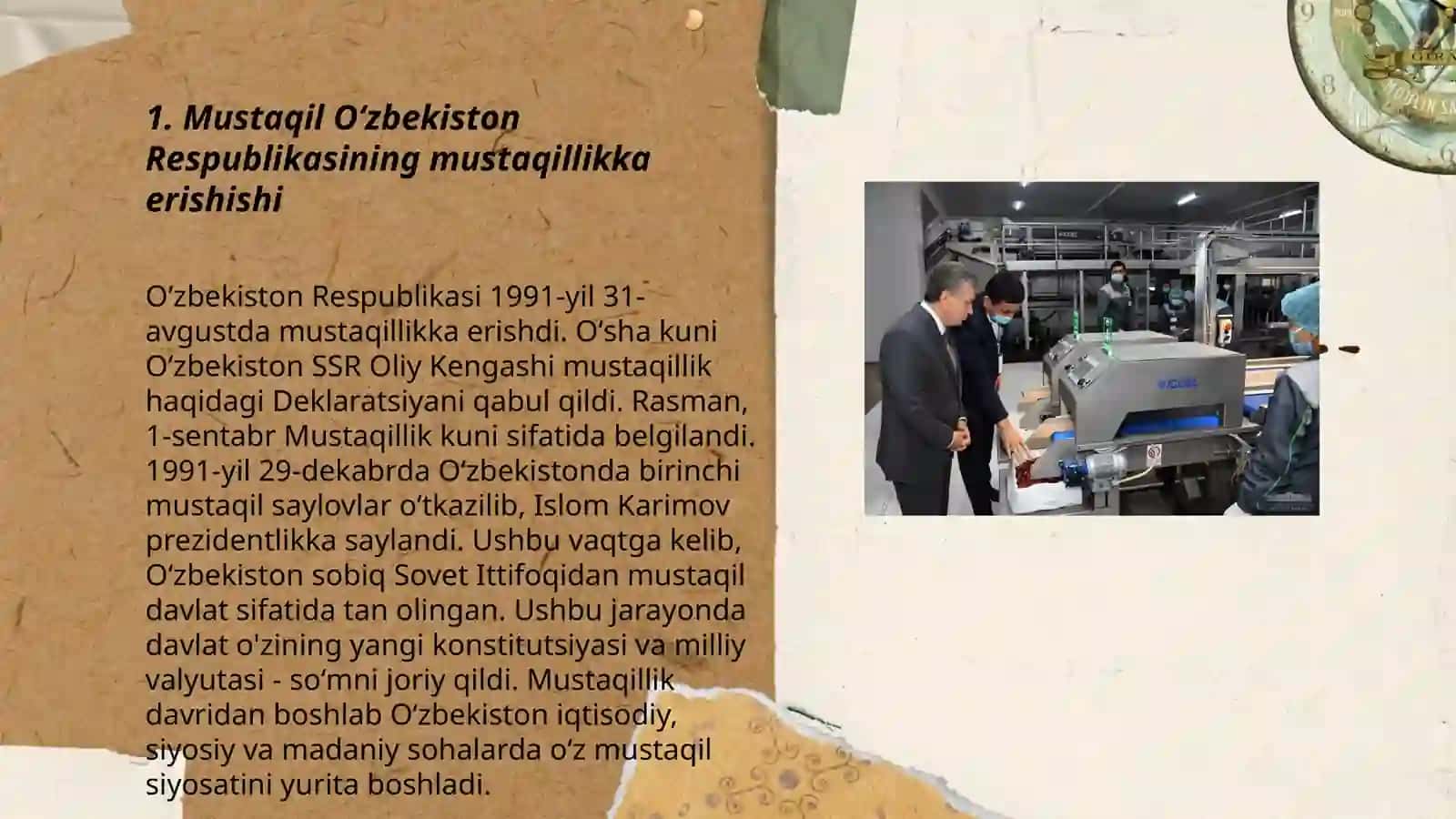 Kimyo fakulteti kimyo turlari boʻyicha 1-kurs 124-guruh talabasi Ismatova Setoraning Oʻzbekistonning eng yangi tarixi fanidan tayyorlagan taqdimoti 3