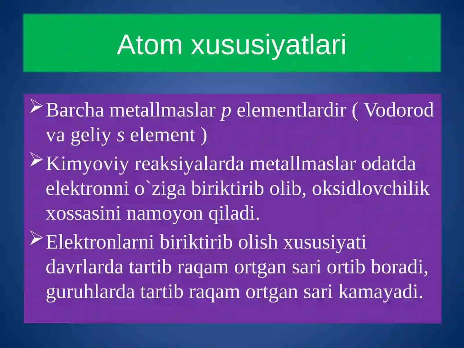 Metallmaslar. Uglerod i elementlariga umumiy tavsif 3