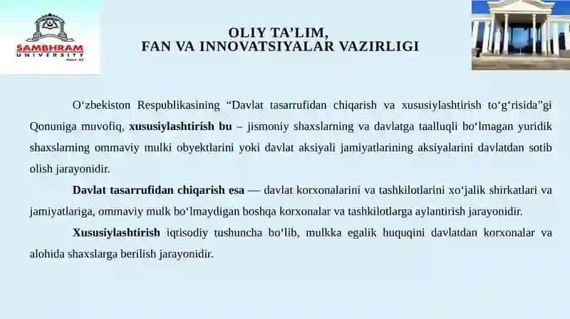 «Korxonalarni davlat tasarrufidan chiqarish va xususiylashtirish» 3