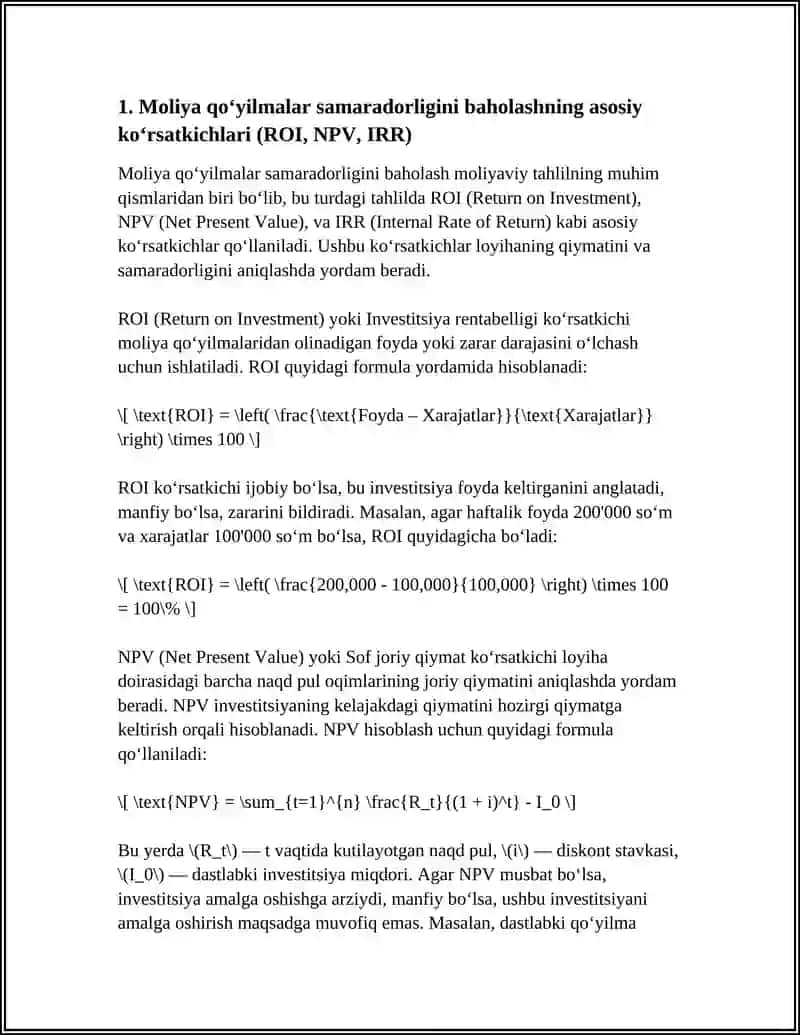 Moliyaviy Qo'yilmalar Samaradorligi Tahlili 3