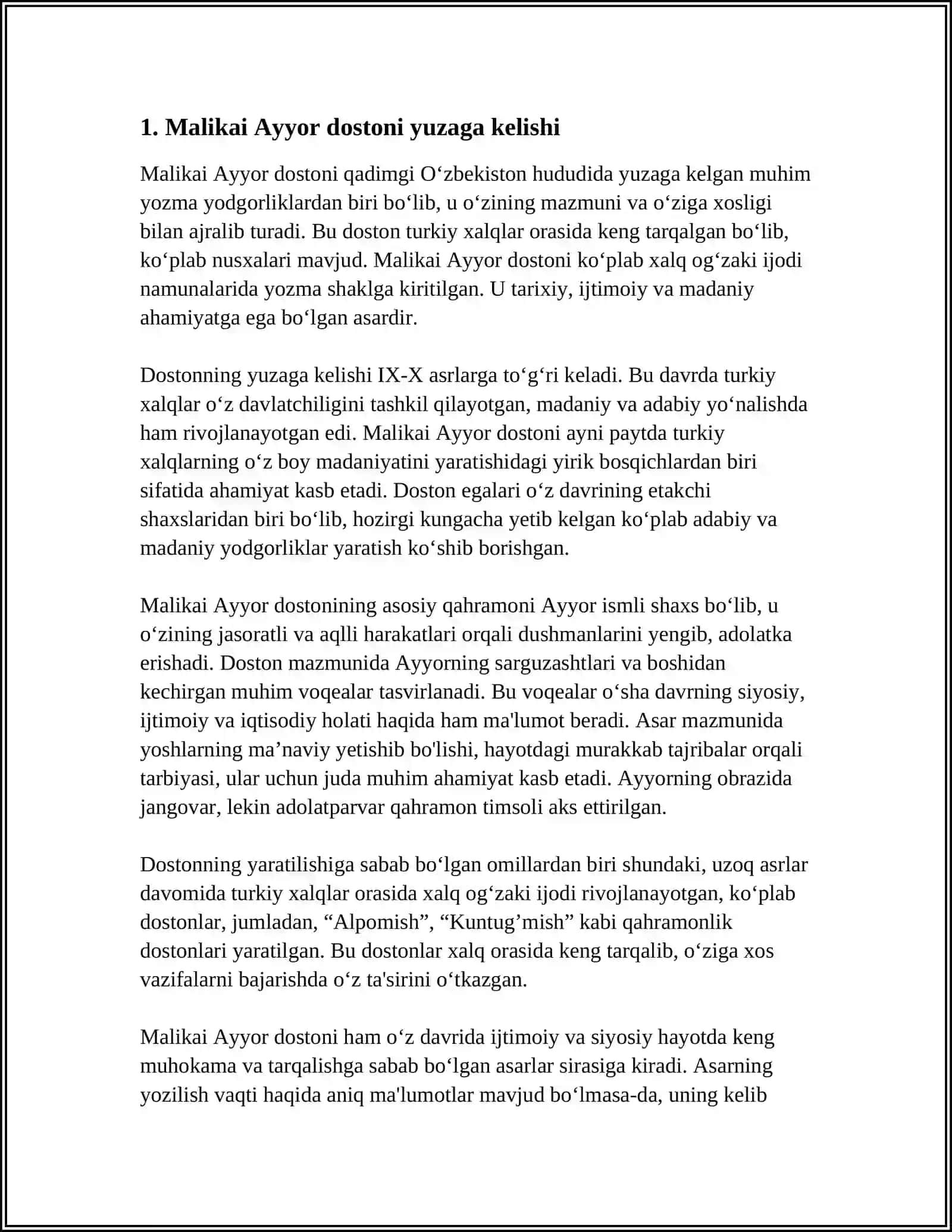 Malikai Ayyor dostoni haqida referat 3