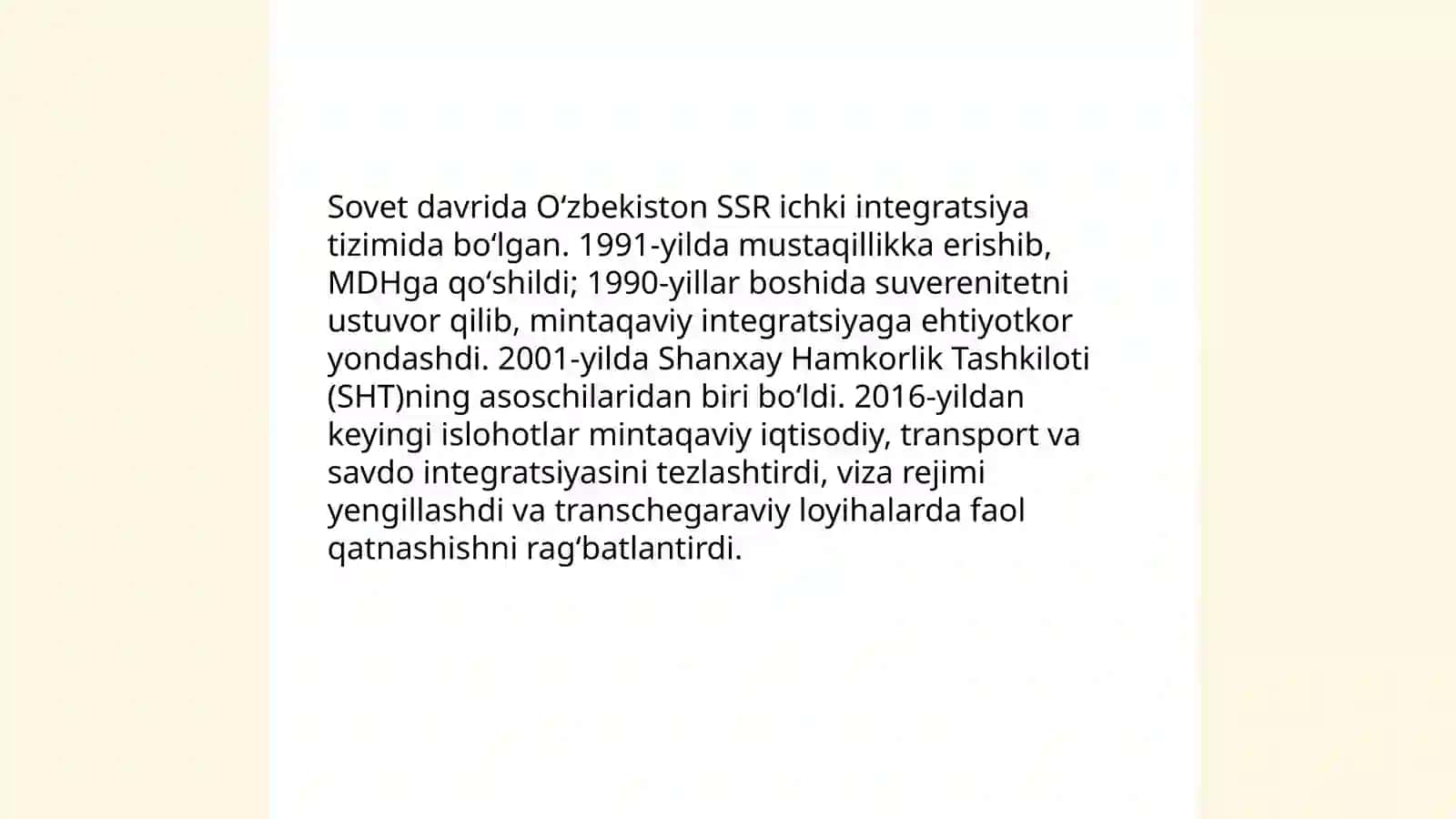 Oʻzbekistonning integratsion jarayonlardagi ishtiroki 3